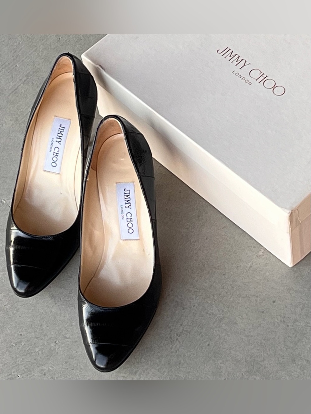Jimmy Choo Vintage Black Eel Skin Gilbert Pumps Almond Toe Stiletto Heels 37.5